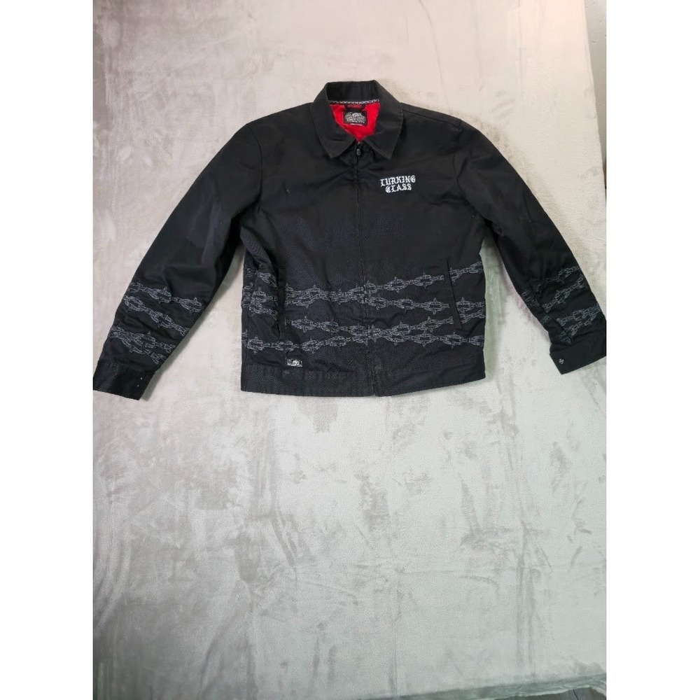 Lurking Class Mens Black Zip Jacket Red Lining Barbed Wire Workwear Medium